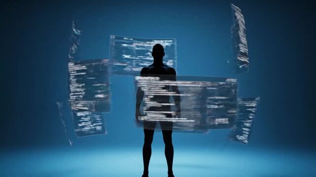Futuristic motion video of a shadowy figure amidst floating data screens, perfect for technology and innovation concepts, hinting at AI and digital security.