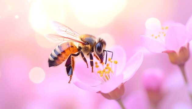 Bee pollinating pink flower blossom.