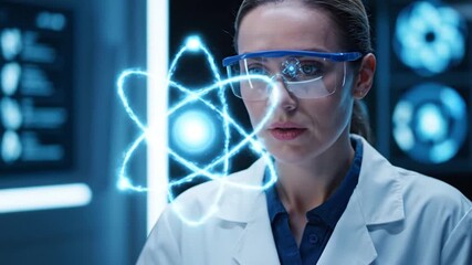 Futuristic Female Scientist in a Laboratory with Holographic Atomic Model Display Featured for Innovation Technology Research and Advanced Scientific Discoveries - Powered by Adobe