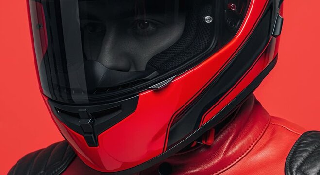Close up of a motorcycle rider wearing a modern red and black helmet with a tinted visor and a matching red leather jacket.