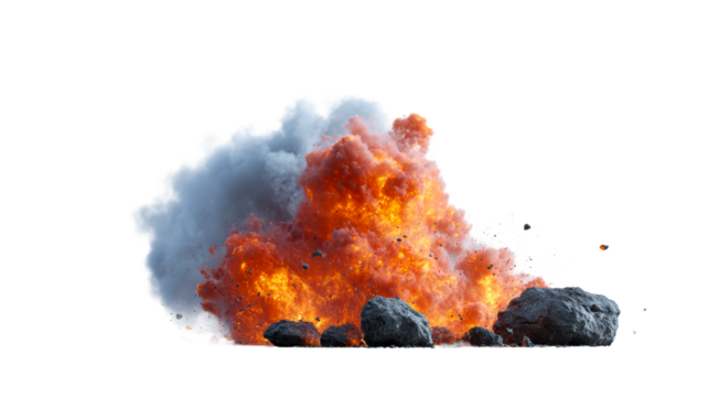 Violent debris explosion with dark smoke and fiery blast on white, cut out transparent