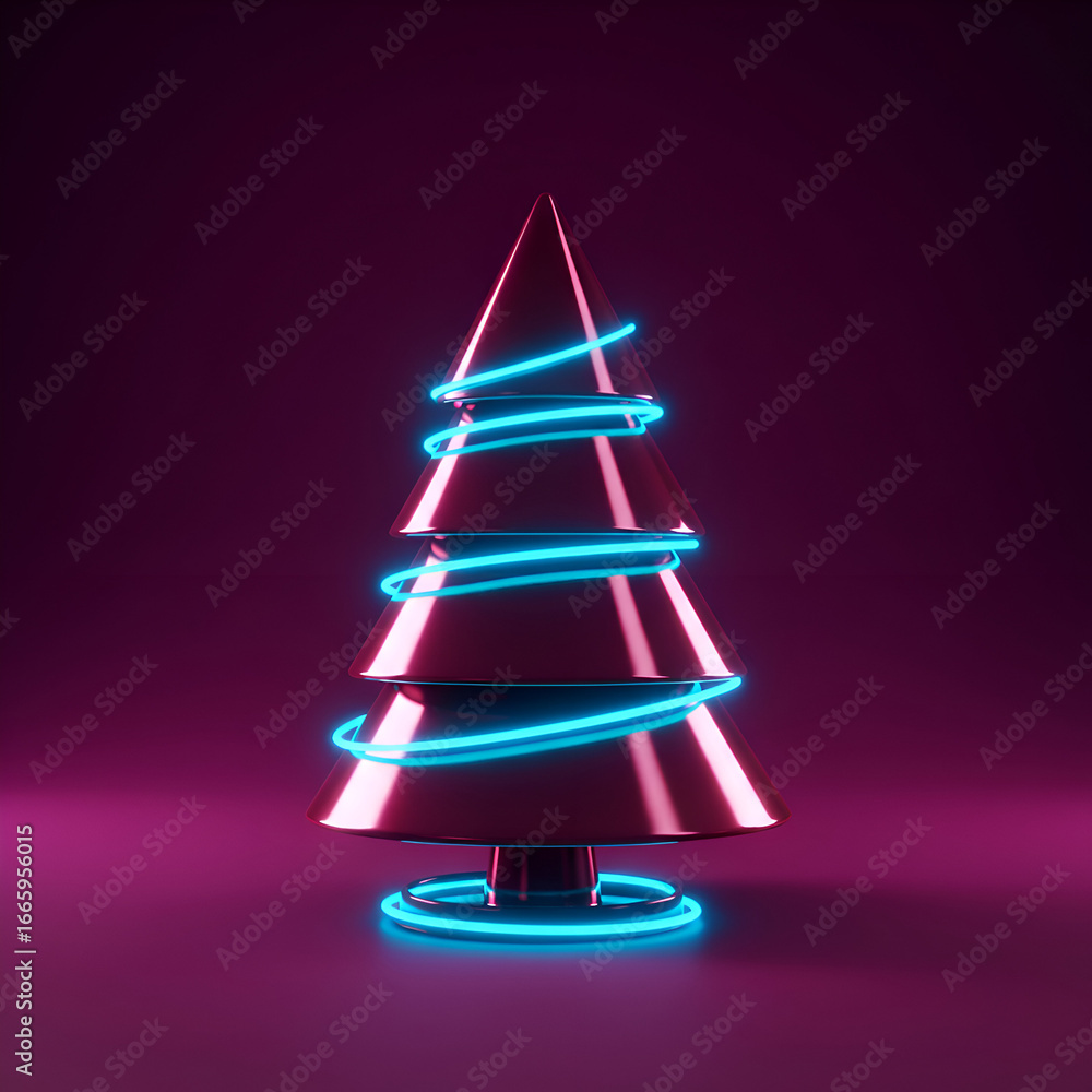 Poster modern geometric christmas tree with neon lighting in a minimalist setting. abstract design with vib