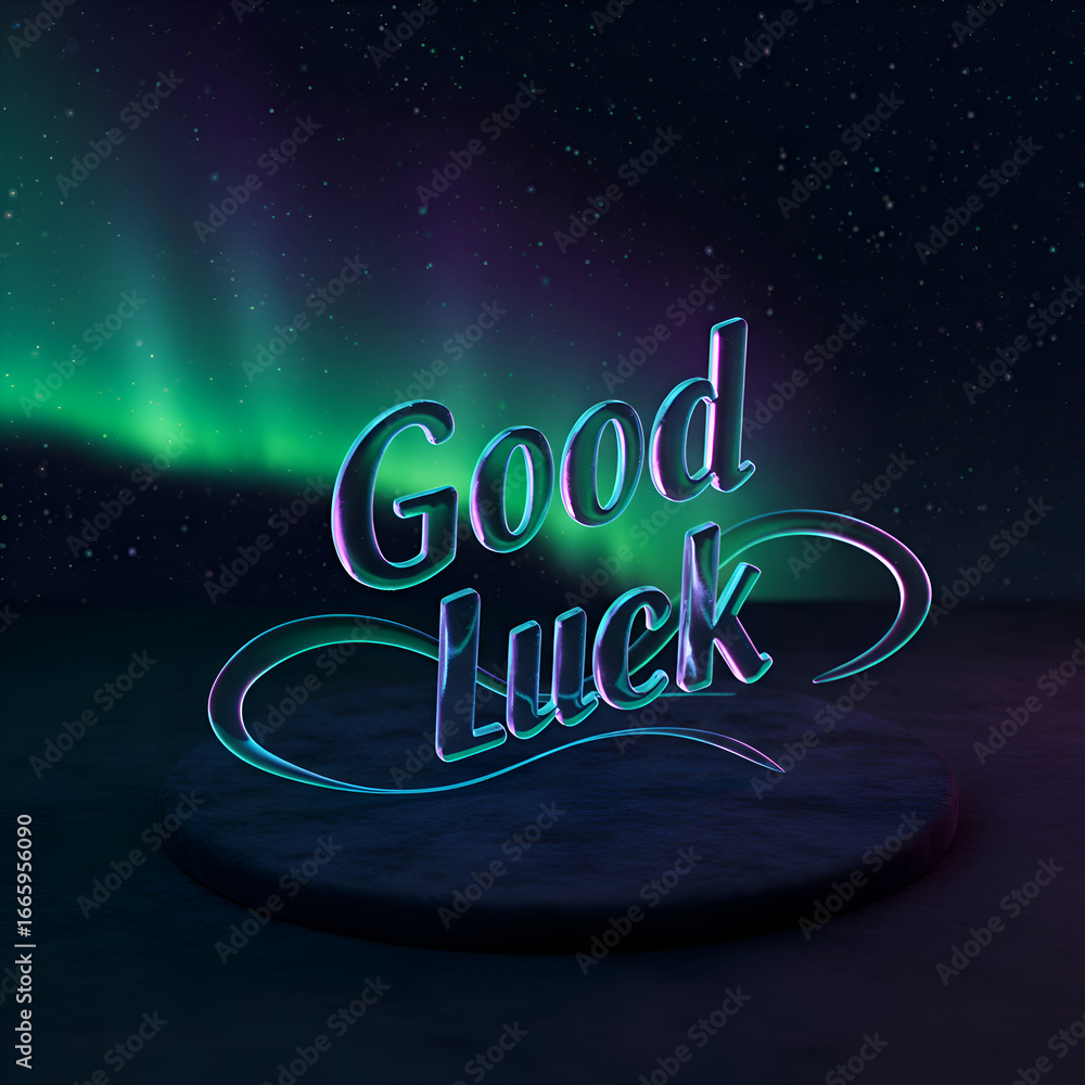 Poster a glowing good luck message displayed on a dark platform with an aurora borealis background. hologra