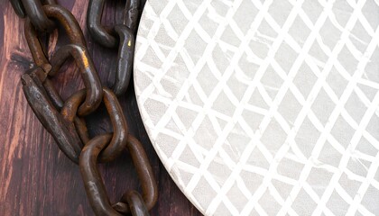Close Up Abstract Composition of Rusty Chain and White Geometric Pattern on Brown Wooden Surface