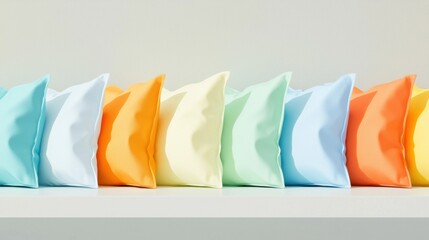 A row of colorful pillows on a shelf.