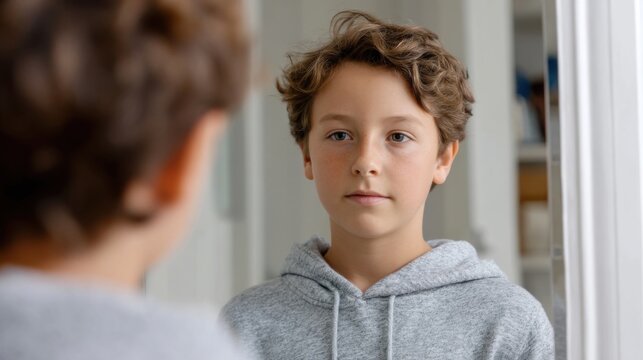 Young boy looking at older self in mirror, concept of future and maturity 