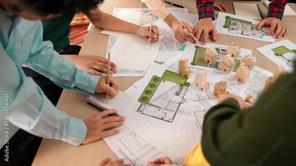 Poster architect and safety engineer discussion about building construction use blueprint on table with arc