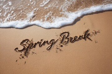 Fototapeta premium Handwritten Spring Break message on smooth sand at the beach during a bright day by the shoreline with gentle waves