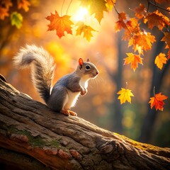 squirrel on a tree log in fall background