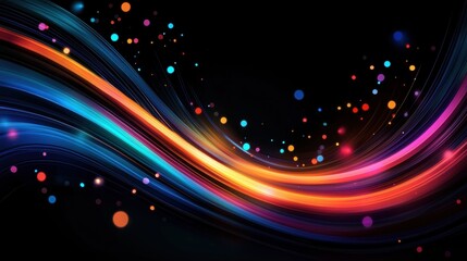 A vibrant abstract composition of multicolored lines and dots against a black background.