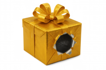 Golden gift box featuring large ripped opening, revealing dark interior, decorated with golden bow, set against transparent backdrop