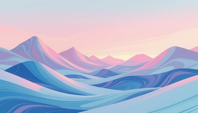 Surreal landscape of a mountain range shaped like a digital soundwave, where peaks resemble audio frequencies. The sky and mountains are designed with liquid marble patterns, blending pastel and metal
