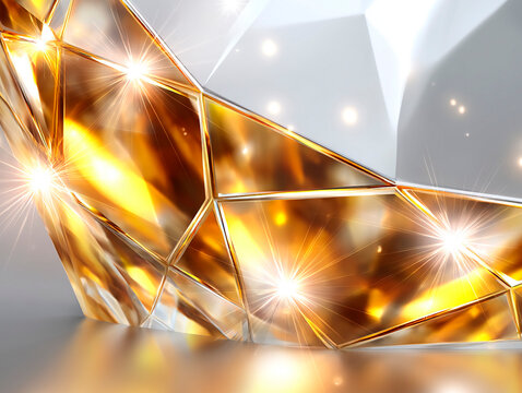 Abstract close-up of a faceted golden crystal surface reflecting bright light flares and geometric shapes in a luxurious and luminous design - Powered by Adobe