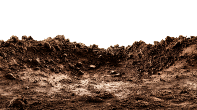 Craggy dirt mound with rough texture and visible pebbles against white background, cut out transparent