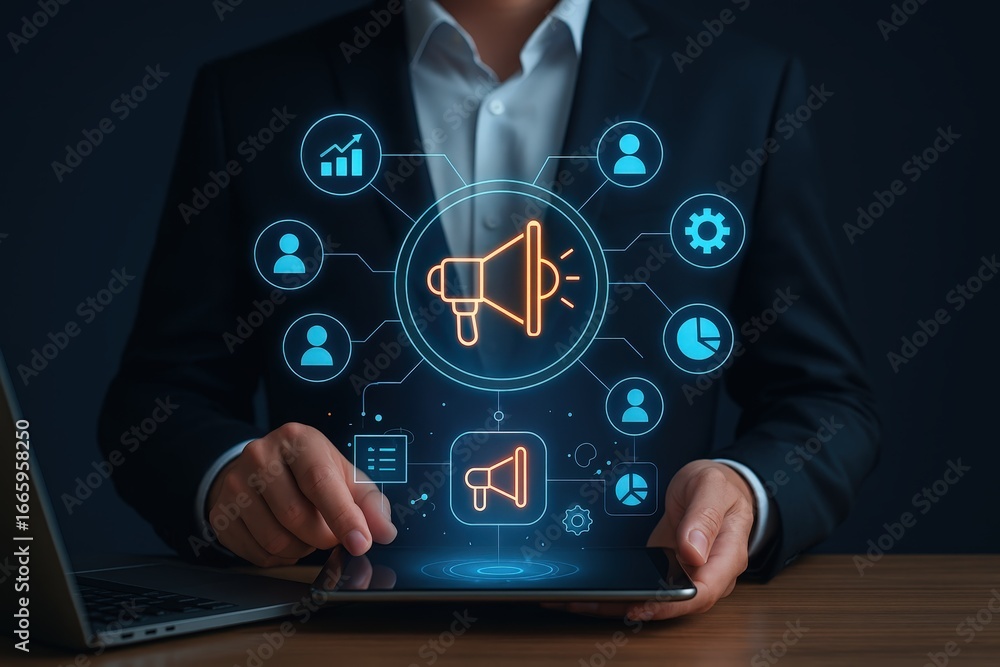 Poster a person interacts with a digital interface displaying marketing and communication symbols.