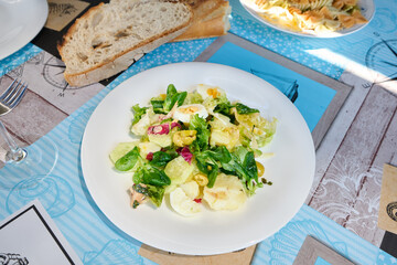 Fresh mixed salad with boiled eggs, cucumber and olives on nautical tablecloth