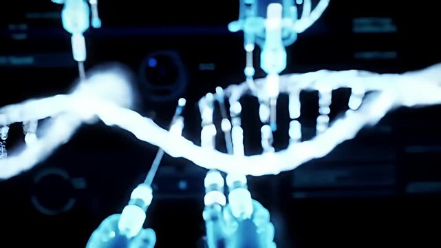 DNA strand structure with robotic arms, glowing light, on a dark digital screen - Powered by Adobe