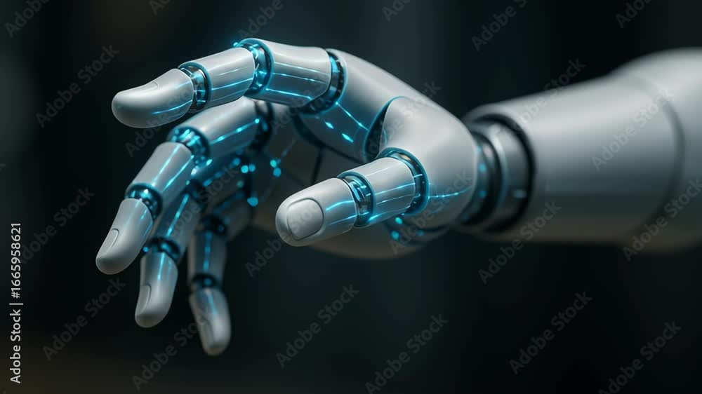 Poster smart robotic hand with glowing blue lines demonstrating predictive maintenance technology advanced 