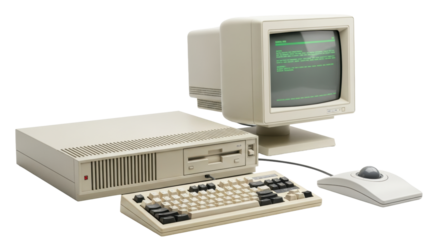 Bulky beige vintage desktop computer, CRT monitor with green monochrome screen, mechanical keyboard, and trackball mouse on transparent studio background. Early computing nostalgia concept