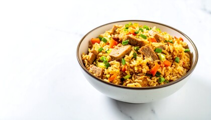 Savory Pork Fried Rice with Vibrant Carrots and Scallions on White Marble