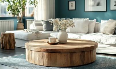 Illustrate a rustic round coffee table placed next to a white sofa, set against a tranquil turquoise wall, reflecting Scandinavian interior design principles, Generative AI