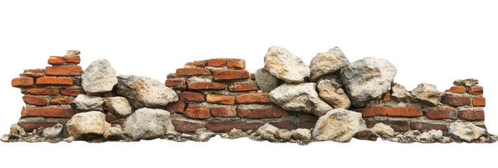 Fragment of a broken brick wall with stones, isolated on transparent background © Hazrat