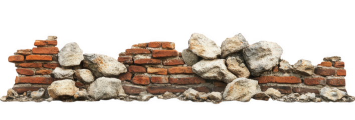 Fragment of a broken brick wall with stones, isolated on transparent background