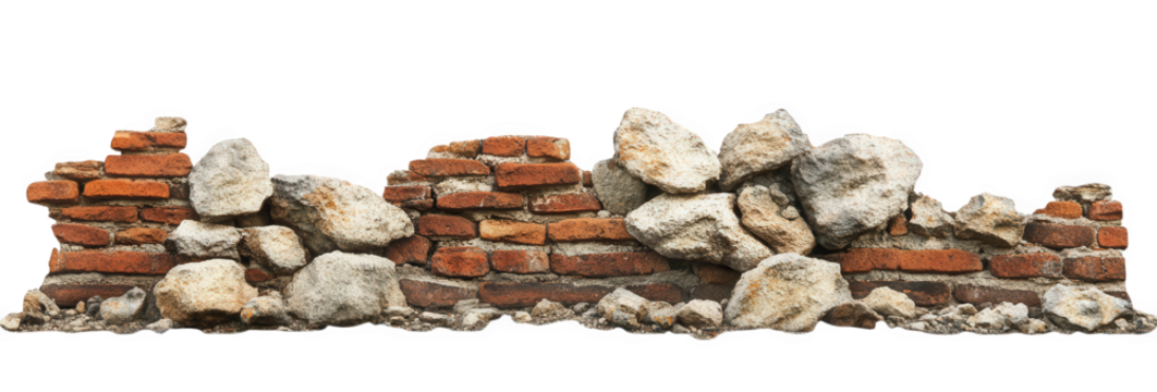Fragment of a broken brick wall with stones, isolated on transparent background - Powered by Adobe