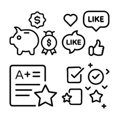 A collection of icons representing financial growth, achievement, and social media engagement, including a piggy bank, grades, likes, and stars.
