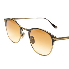 Antique brass, finely crafted wire-frame eyeglasses with intricate details and subtly graduated amber lenses, isolated on transparent background with copy space, soft high-key lighting. Concept of