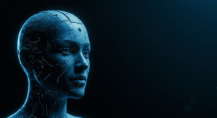 Futuristic Blue AI Head with Intricate Glowing Circuits, Advanced Technology Concept.