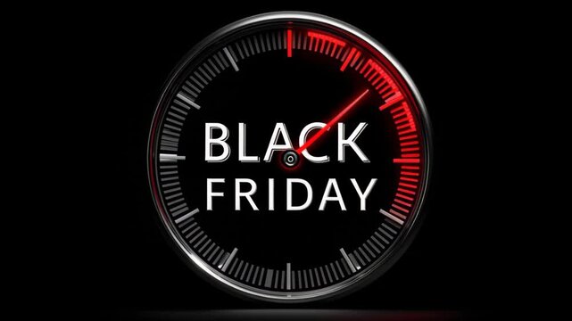 A black Friday countdown clock with a red needle pointing towards the sale. The background is dark, emphasizing the urgency of the shopping event.