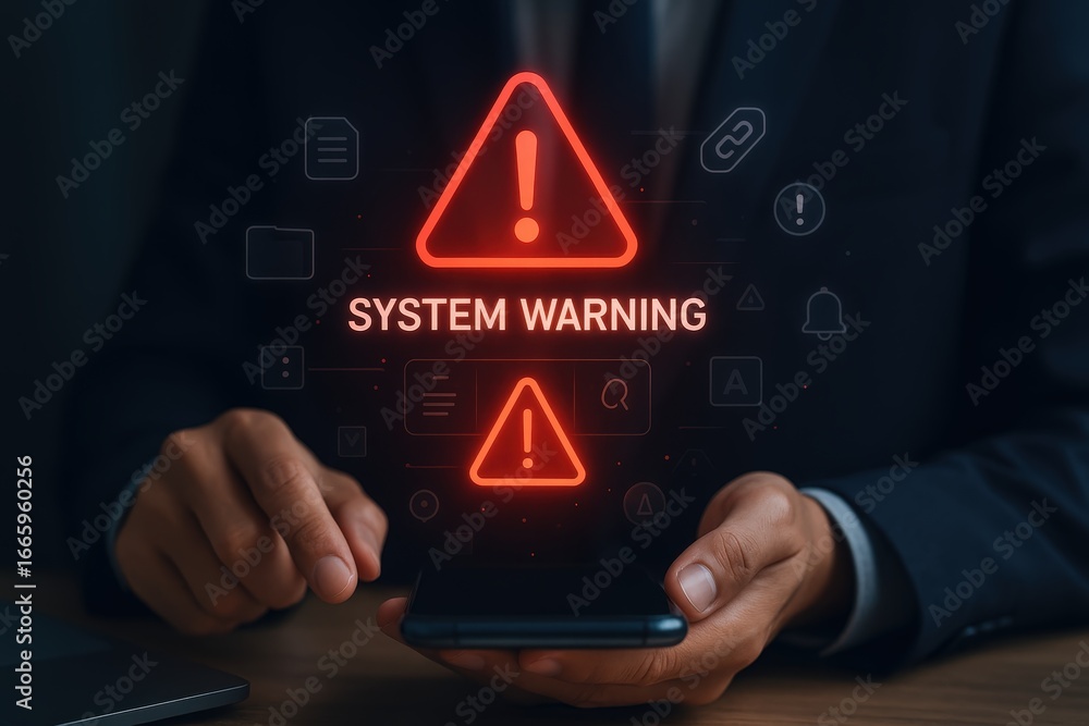 Aufkleber a person's hands hold a smartphone displaying a digital system warning, highlighted by red warning s