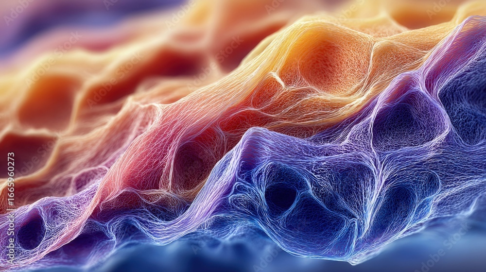Poster intricate abstract artwork featuring colorful layers and flowing textures.