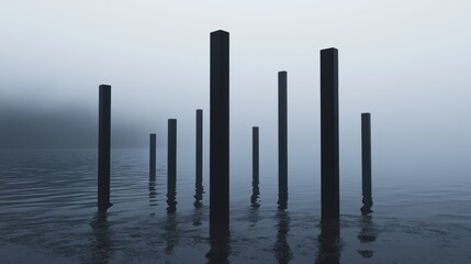 Dark and moody scene of a pier in foggy water.