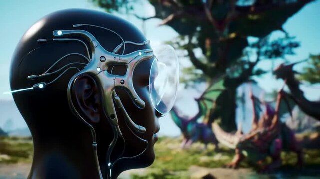 Advanced Cybernetic Humanoid with Glowing Neural Interface in Mystical Sci-Fi World, Contemplating Future