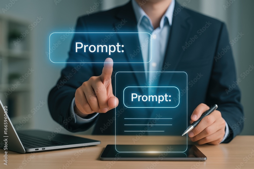 Poster a man in a suit interacts with a futuristic interface, highlighting the concept of prompts and input