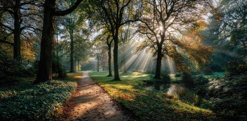 Obraz premium Sunbeams through autumn trees on a park path