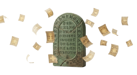 Robust moss-green stone tablet with cryptic symbols, delicate parchment fragments with glowing golden glyphs drifting against a transparent background, concept of ancient forgotten knowledge