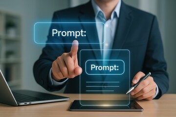 A man in a suit interacts with a futuristic interface, highlighting the concept of prompts and input.
