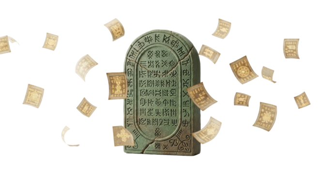 Robust moss-green stone tablet with cryptic symbols, delicate parchment fragments with glowing golden glyphs drifting against a transparent background, concept of ancient forgotten knowledge