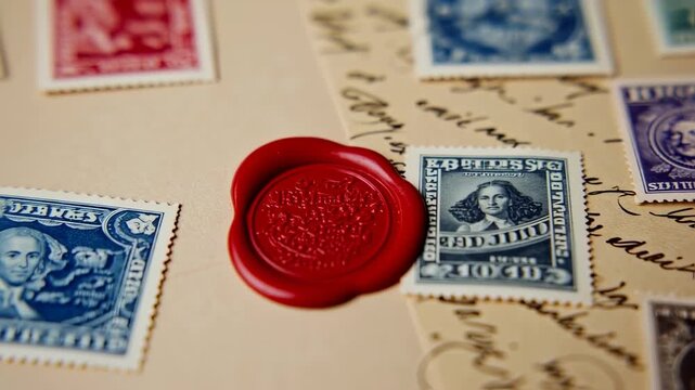 Closeup of vintage postage stamps and wax seal on handwritten letter
