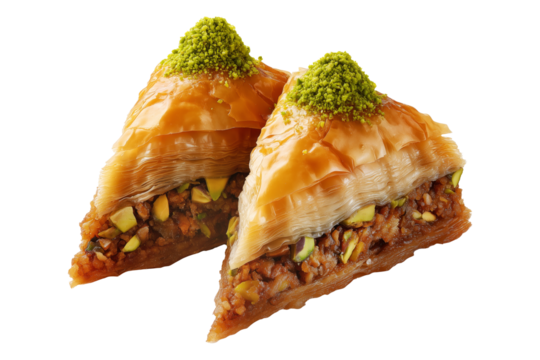 Traditional Turkish baklava filled with pistachios and syrup, cut square triangle isolated on white transparent background, symbolizing sweet cuisine