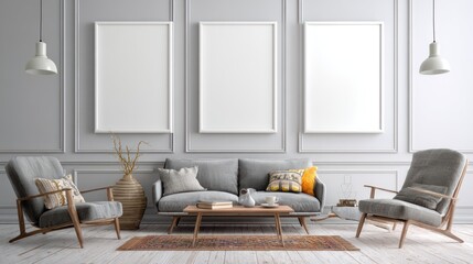 Modern Gray Living Room Sofa Set with Armchairs and Coffee Table in Elegant Minimalist Interior