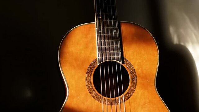 Close-up of a warm-toned acoustic guitar against a dark background with light highlights