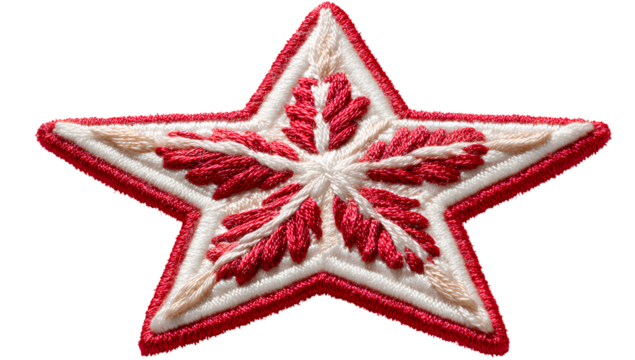 felt star, red and white color scheme, embroidered texture, white background png transparent, solid shape.