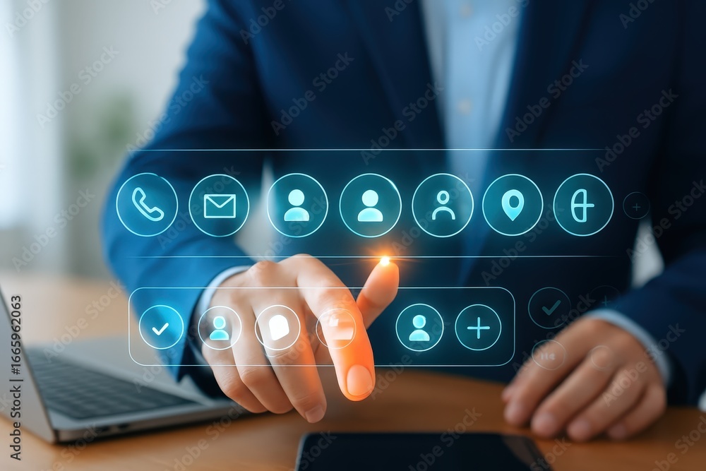 Aufkleber a person interacts with a digital contact interface, highlighted by a glowing selection on a modern 