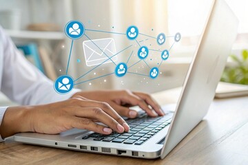 Doctor using laptop with digital healthcare network connections