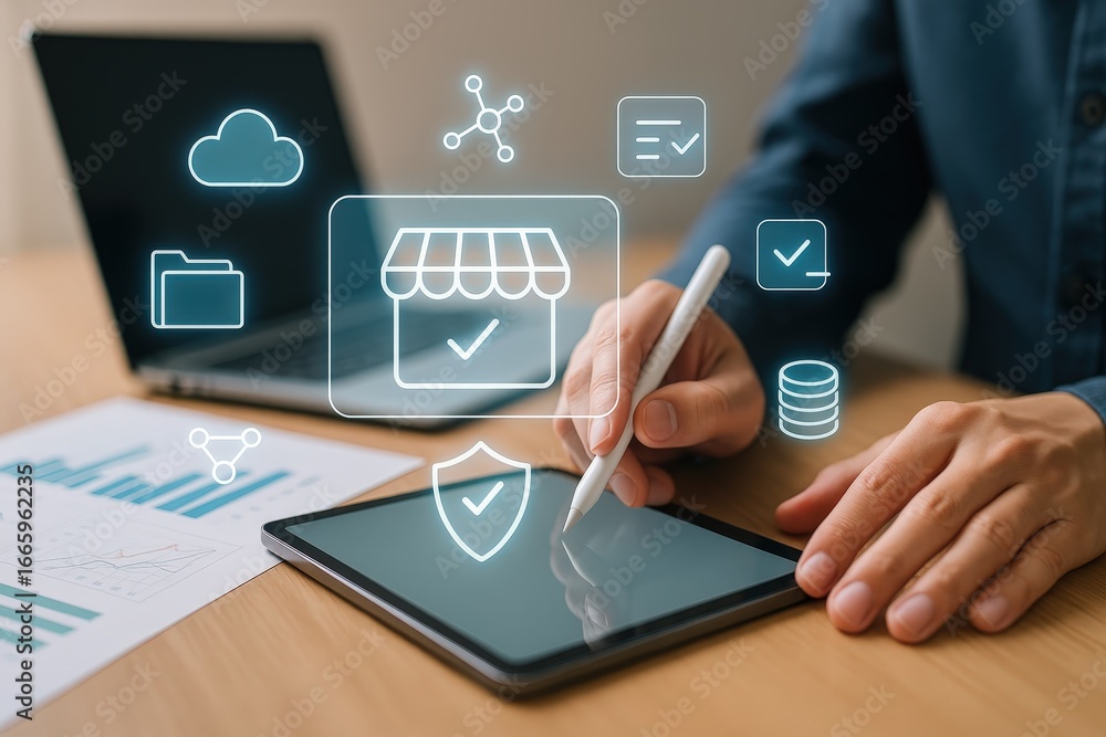 Poster a person interacts with a digital tablet displaying business concepts, showcasing data management an