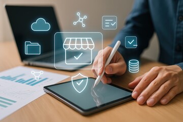 A person interacts with a digital tablet displaying business concepts, showcasing  data management and security with various graphic icons.